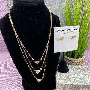 Anna & Ava Half Burst Rhinestone Earrings & Stacked Necklace Set Gold Tone‎